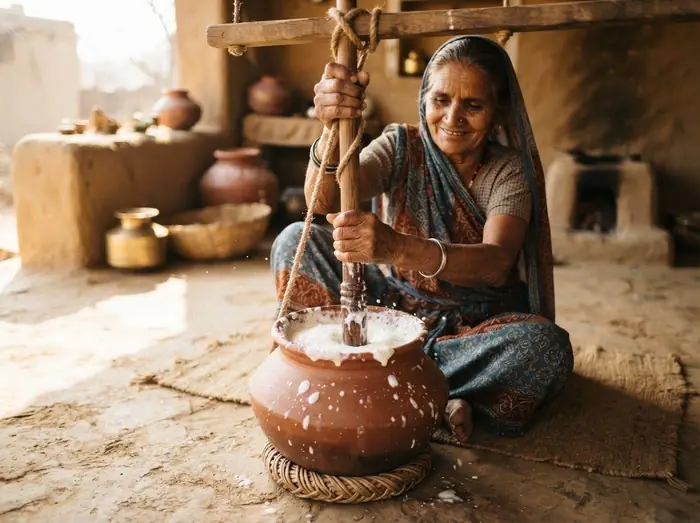 Woman churning curd in a clay pot with a wooden mathani